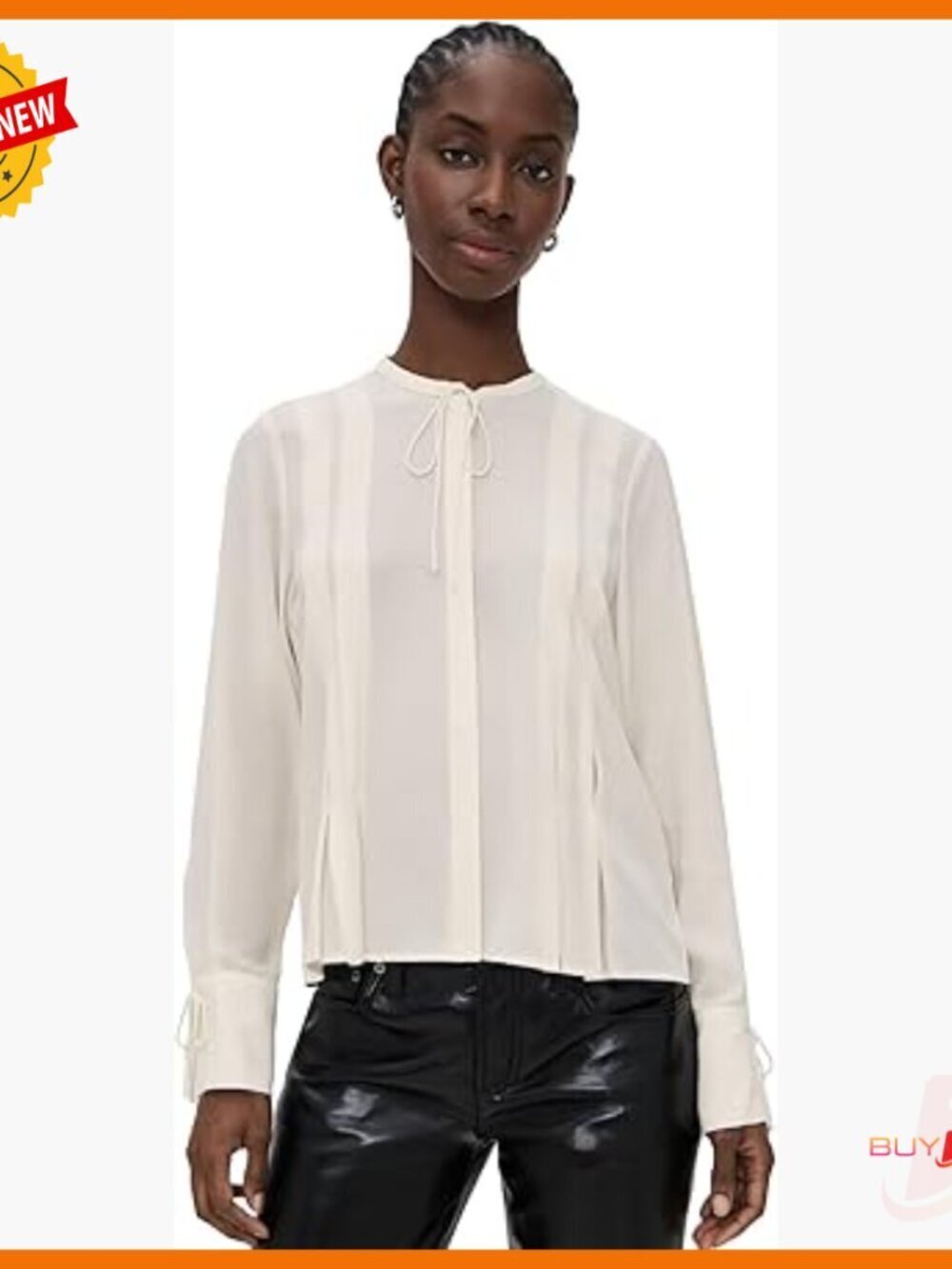 Pleated Button-Down Blouse with Long Sleeves, Dry Clean Only